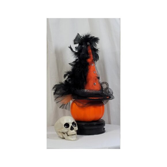 Fancy Witch Hat Fascinator - Orange Hat w/Tulle & Black Feathers - Halloween Hat - Picture 12 of 14